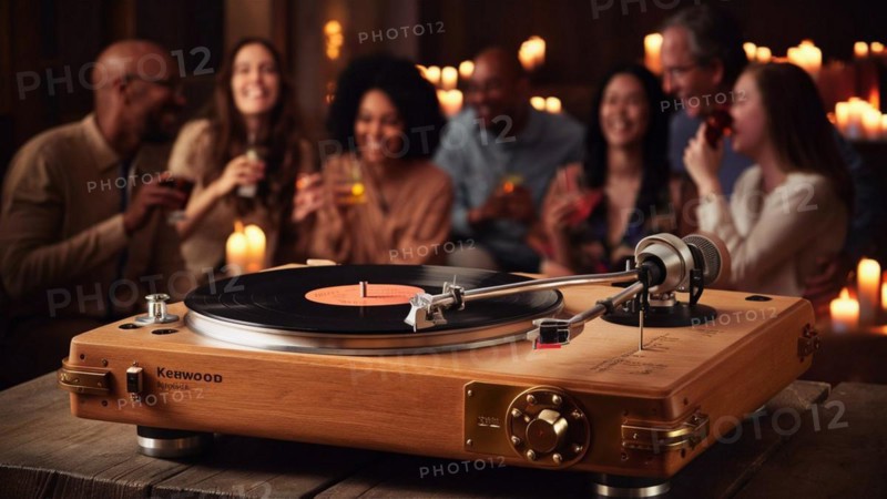 Wooden vintage record player playing a vinyl disk at a cozy social gathering, AI generated