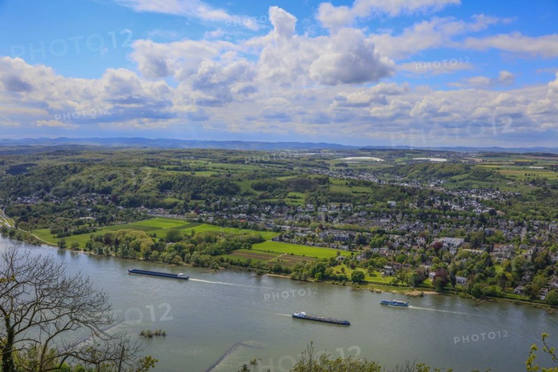 View from Drachenfels, mountain in the Siebengebirge on the Rhine with cargo ships between Koenigswinter and Bad Honnef, North Rhine-Westphalia, Germany, Europe