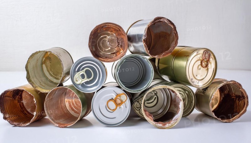 Symbol photo, many empty tin cans, partly crushed, rusty, dirty, on a white background, AI generated, AI generated