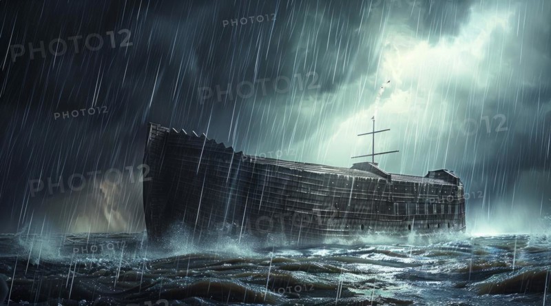 Noah Ark is in the water with a group of people and animals on it, AI generated