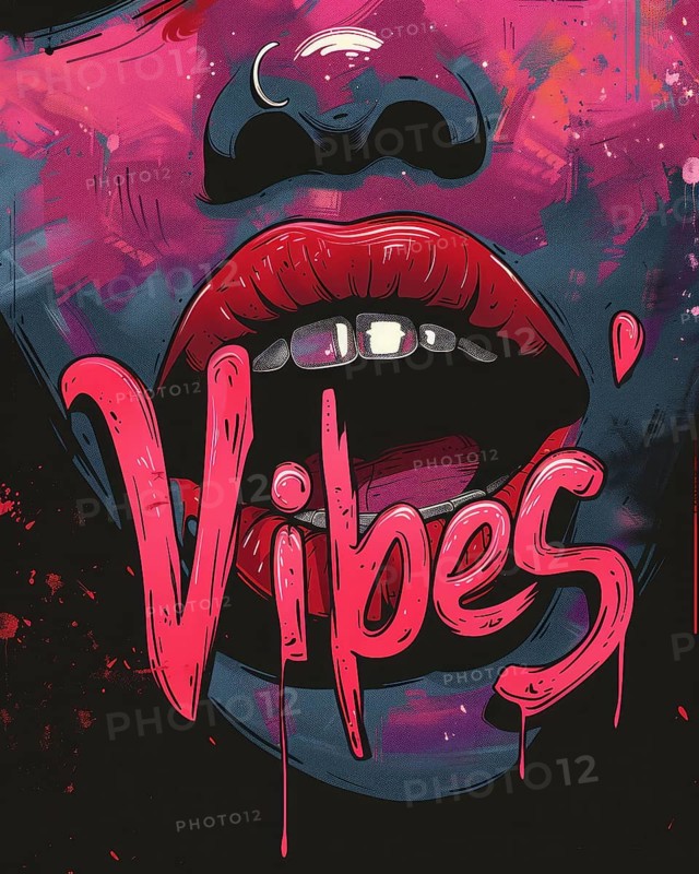 Graffiti-style art with vibrant lips and the word 'Vibes' in bold lettering, AI Generated, AI generated