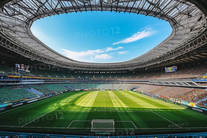 A soccer field with a large crowd of people spectators fans watching the game view. The stadium is lit up with bright flood spotlights ready for a match game, AI generated