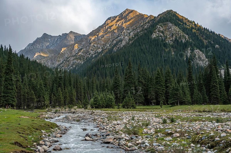 Green mountain valley with river and steep mountain peaks, Chong Kyzyl Suu Valley, Terskey Ala Too, Tien-Shan Mountains, Kyrgyzstan, Asia