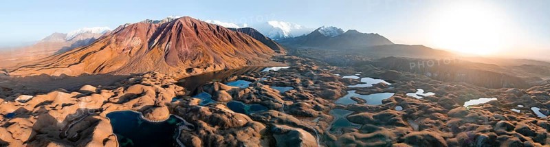 Aerial view, high mountain landscape with glacial moraines and mountain lakes, behind Pik Lenin, Trans Alay Mountains, Pamir Mountains, Osher Province, Kyrgyzstan, Asia