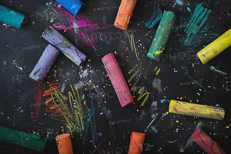 Top view of colorful chalk pieces on black chalkboard. KI generiert, generiert, AI generated