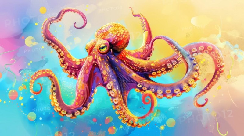 A vividly colored octopus with swirling tentacles in an abstract and imaginative art style, AI generated