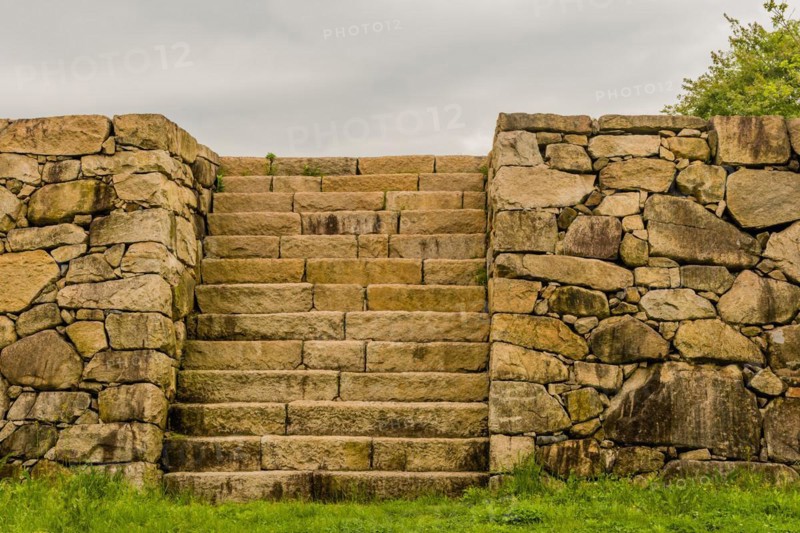 Stone steps on front of remains of Japanese stone fortress in Suncheon, South Korea, Asia