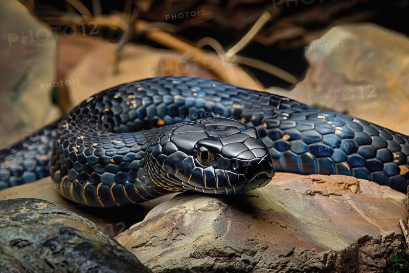 Venomous black mamba on rocks, Africa, AI generated