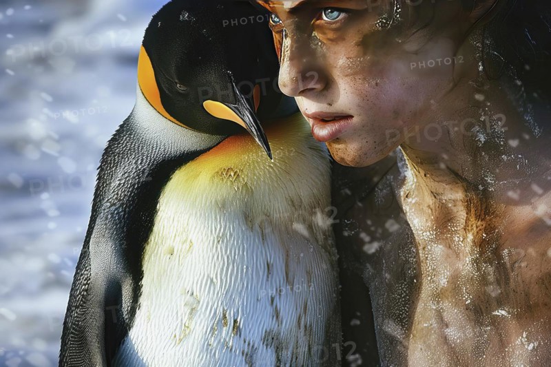Interaction between a king penguin and a woman, AI generated
