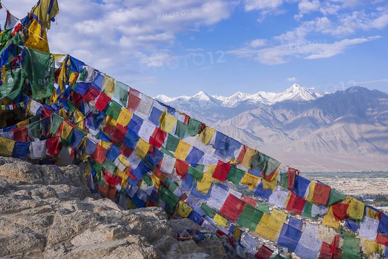 Panorama from Tsenmo hill over Leh and the Indus valley to Stok Kangri, 6153m, Ladakh, Jammu and Kashmir, India, Asia