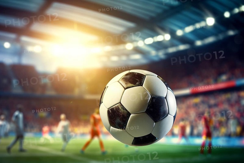 A soccer ball is in the air on football stadium, surrounded by players on a field during the game, AI generated