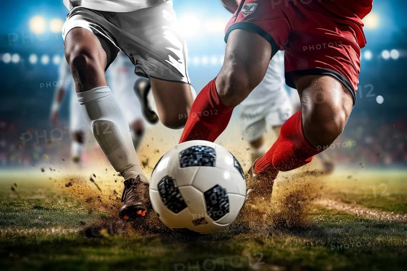 Two soccer players struggle dribble and kick a ball on a football stadium field, AI generated