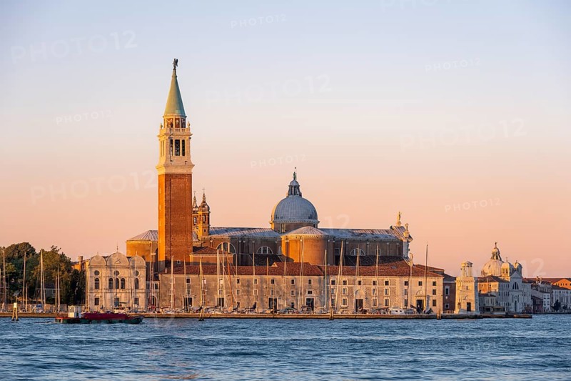 Isola di San Giorgio Maggiore with the church of San Giorgio Maggiore at sunrise, Venice, Veneto, Italy, Europe