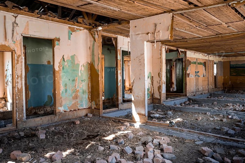 Destroyed abandoned classroom of the old school, wall painting with Soviet miners, ghost town, Engilchek, Tian Shan, Kyrgyzstan, Asia
