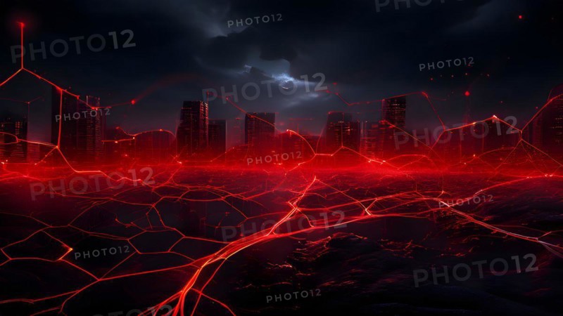 Ai generated conceptual illustration of a neuronal network with city skyline in the background in red colors, AI generated