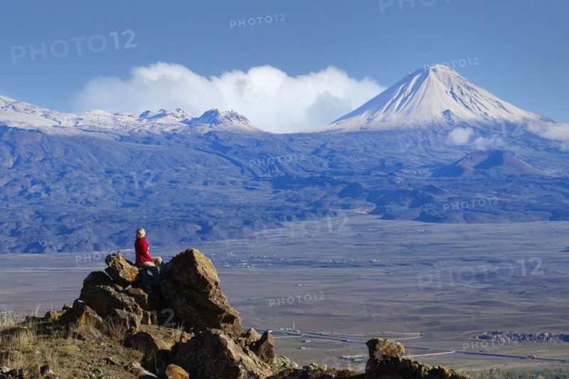 Woman looking to snowcapped Mount Ararat, Dogubayazit, Turkey, Asia