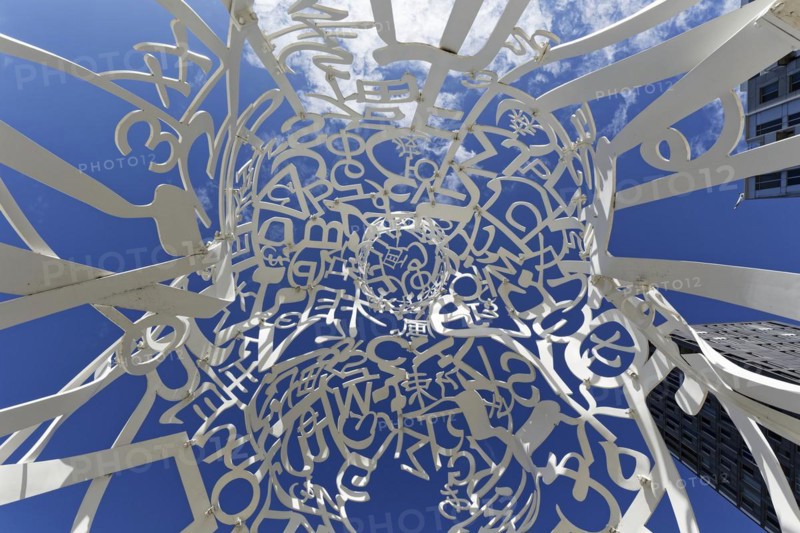 Public art, frog perspective of source sculpture by Jaume Plensa, Montreal, Province of Quebec, Canada, North America