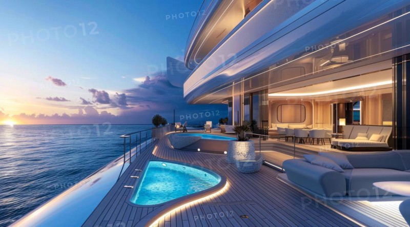 A large luxury yacht with a pool on the side of it. The pool is surrounded by a railing and has a view of the ocean. The yacht is white and has a blue sky in the background, AI generated