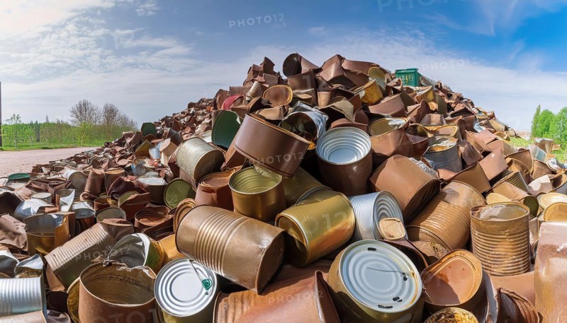 Symbol photo, waste, a large quantity of empty open rusted tinplate cans on a heap, AI generated, AI generated