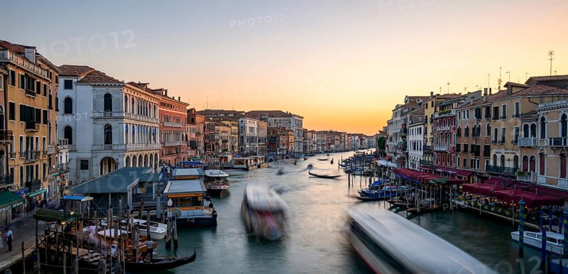 Vaporettos on the Grand Canal at sunset, long exposure, view from the Rialto Bridge, Venice, Veneto, Italy, Europe