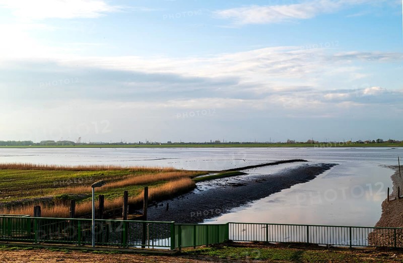 Mouth of the Wymeerer Sieltief into the Ems at the Pogum pumping station, municipality of Jemgum, district of Leer, Rheiderland, East Frisia, Lower Saxony, Germany, Europe
