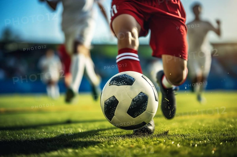 A soccer player kicks a ball on a football stadium field during game, AI generated