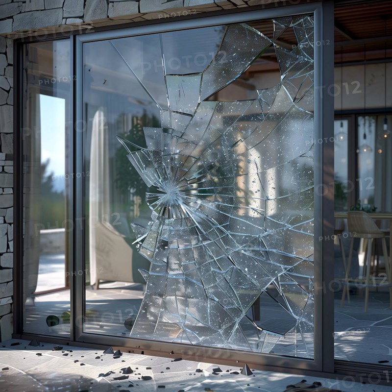 A smashed patio door with a view of the inside of a house during the day, burglary, burglar, burglary, AI generated