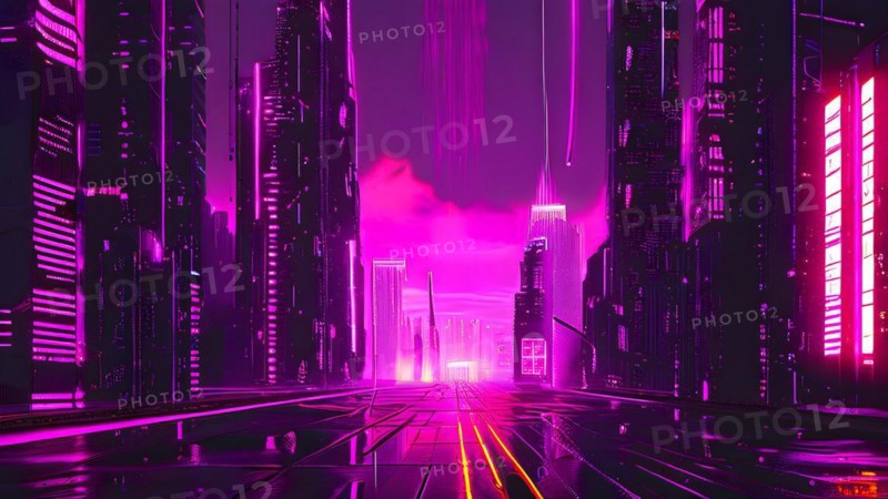 AI generated illustration of a cityscape with skyscrapers and holographic elements in pink color tones