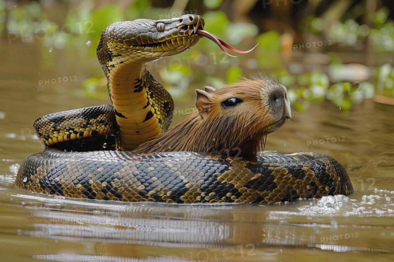 Large anaconda chasing a capybara, AI generated