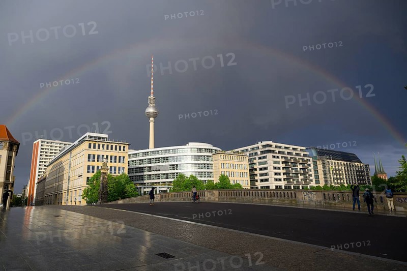 Rainbow over the Berlin television tower, taken from the Friedrichsbruecke bridge over the Spree, Berlin, 15/04/2024