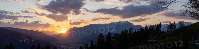 Sunset over the Liesingtal, in the evening light the village of Traboch, Schoberpass federal road, panoramic shot, view from the lowlands, Leoben, Styria, Austria, Europe