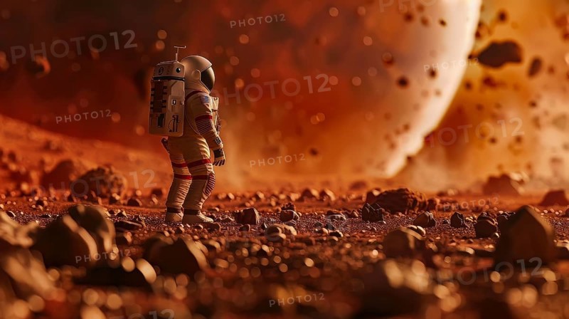 A small astronaut figure stands alone on the vast surface of a reddish alien planet, AI generated