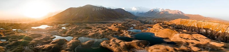 Aerial view, high mountain landscape with glacial moraines and mountain lakes, behind Pik Lenin, Trans Alay Mountains, Pamir Mountains, Osher Province, Kyrgyzstan, Asia