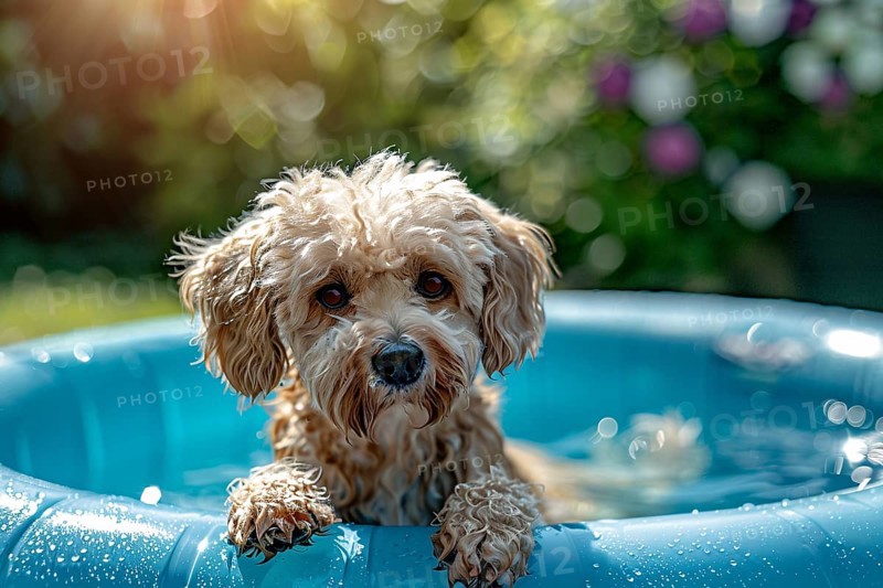 Cute dog in paddling pool with water in summer. KI generiert, generiert, AI generated
