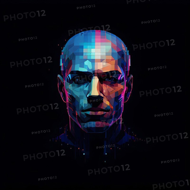 AI generated male human head digitalised in pixel art style presenting a mosaic of vibrant hues in neon glow