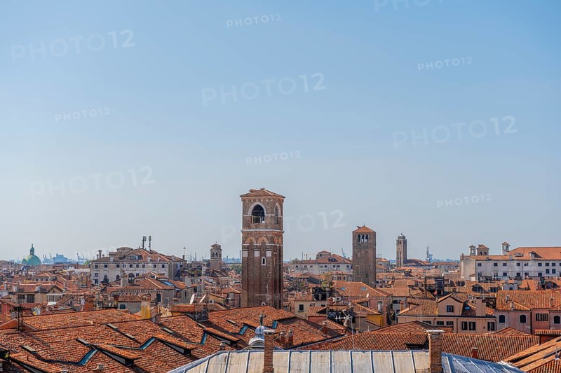 View over the roofs of Venice with church towers, view from the roof of the Fondaco dei Tedeschi, Venice, Veneto, Italy, Europe