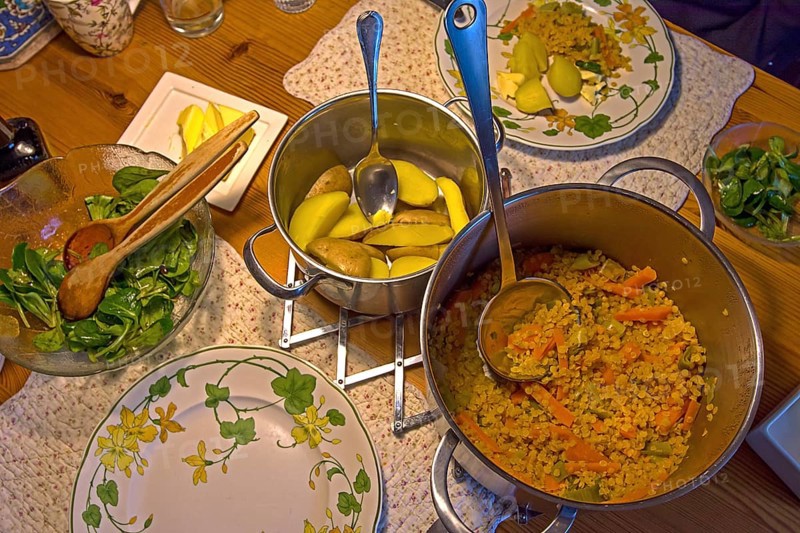 Lentil stew with jacket potatoes, Franconia, Bavaria, Germany, Europe