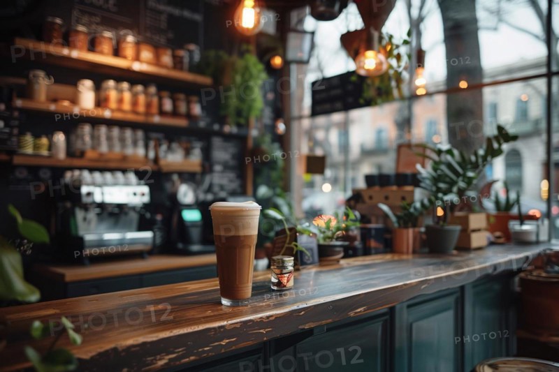 A carefully crafted latte on a rustic coffee shop counter with soft bokeh lights, AI generated