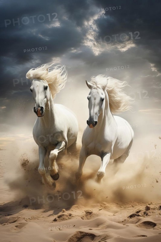 White stallion horses fighting on the beach, AI generated