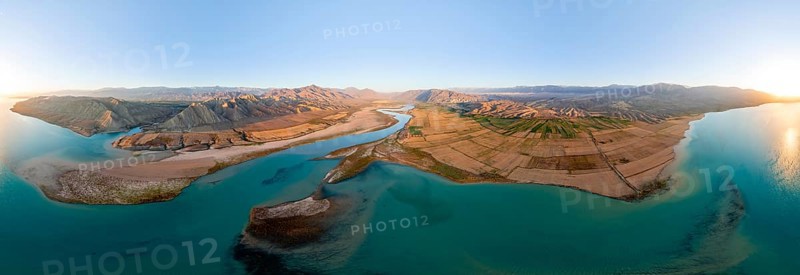 Panorama, River mouth of the Naryn River at Toktogul Reservoir at sunset, aerial view, Kyrgyzstan, Asia