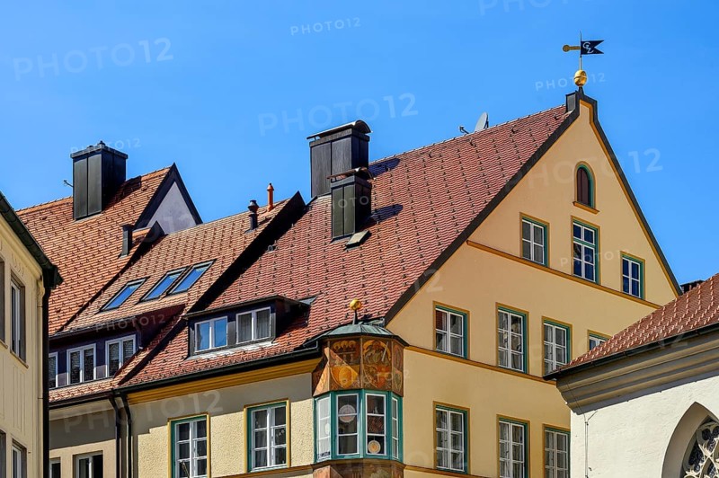 Pointed gable house with chimneys, dormers and bay windows, Kaufbeuern, Allgaeu, Swabia, Bavaria, Germany, Europe