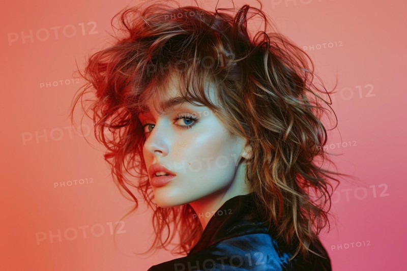 Young pretty woman with 1980s hairstyle and makeup. KI generiert, generiert, AI generated