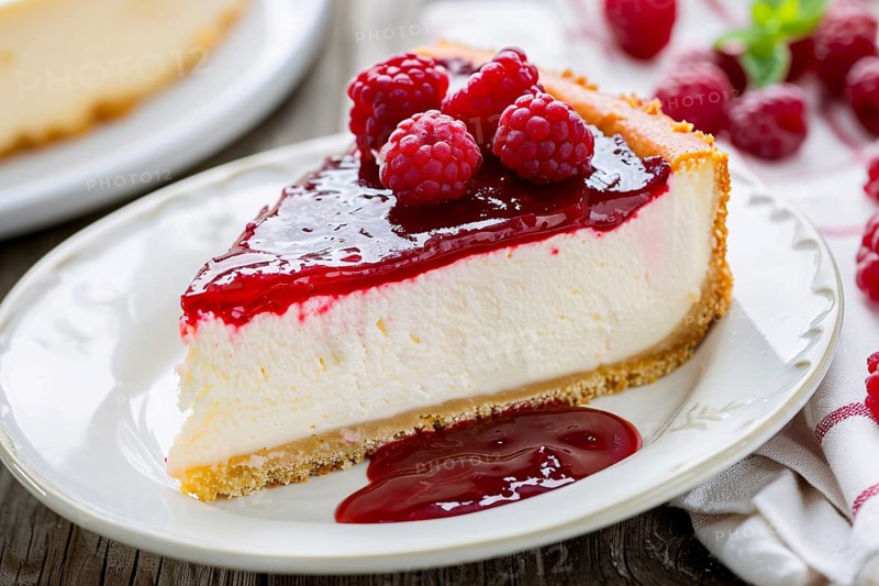 Slice of American Cheesecake with raspberry on plate. Close up of wind mill turbine covered in ic ein winter, AI generated