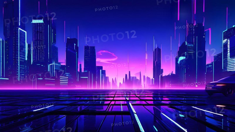 AI generated illustration of a cityscape with skyscrapers and holographic elements in blue and pink colors