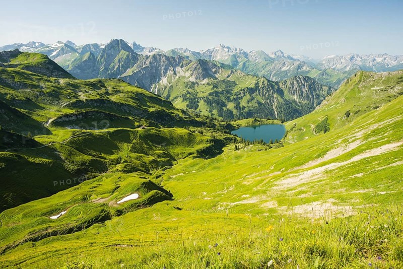 Panorama from Zeigersattel to Seealpsee, on the left behind the Hoefats 2259m, Allgaeu Alps, Allgaeu, Bavaria, Germany, Europe