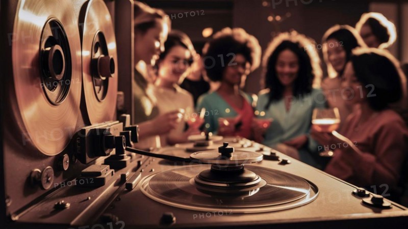 Vintage reel-to-reel tape recorder at a lively party with people enjoying in the background, AI generated