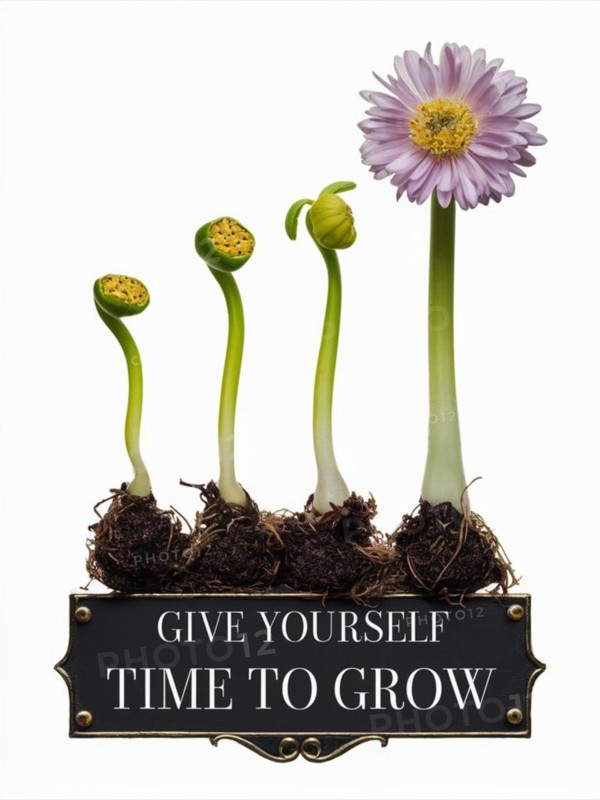Flower growth stages with motivational message on a plain background, AI generated