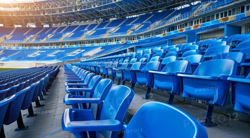 Big empty stadium full of blue seats, AI generated