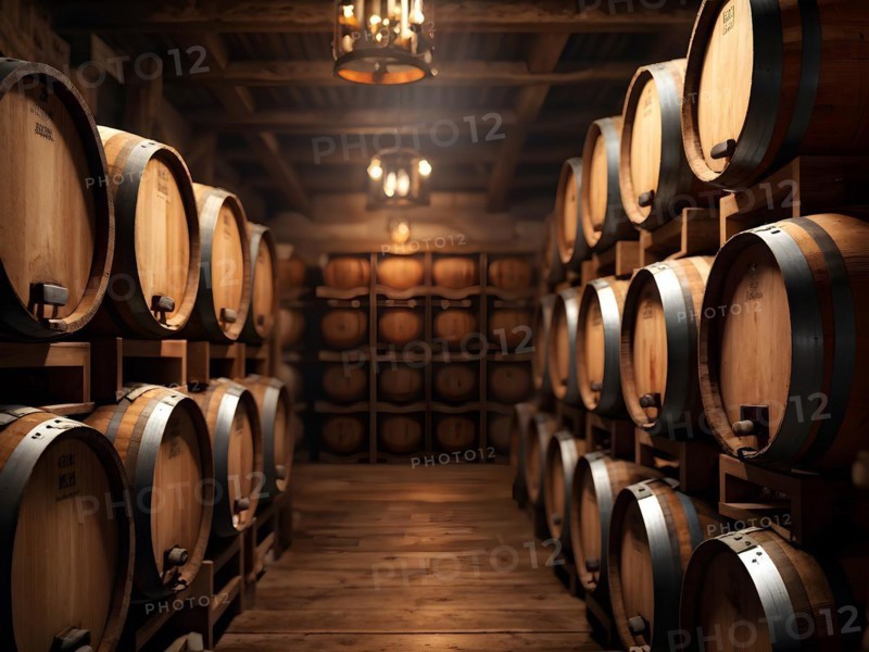 AI generated rustic wine cellar filled with wooden oak barrels