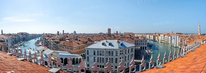 Panorama, view from the roof of the Fondaco dei Tedeschi, boats on the Grand Canal, Venice, Veneto, Italy, Europe